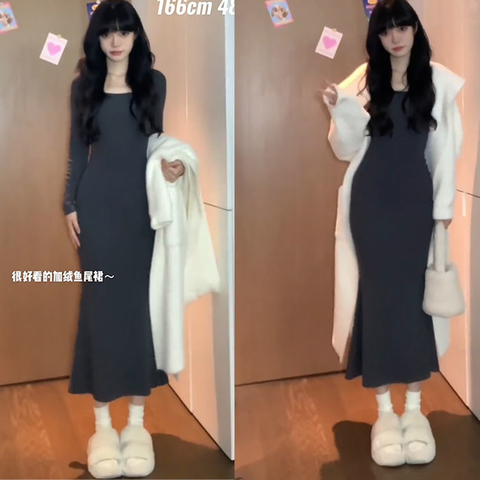 Xiaozi long mermaid skirt spring self-cultivation and thin bottoming dress Korean version of stepmother skirt skirt square collar  new