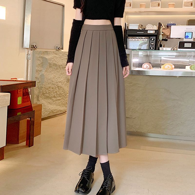 High-waisted skirt for women, spring and autumn new style, Japanese mid-length slim pleated skirt, solid color, versatile, large size, A-line umbrella skirt