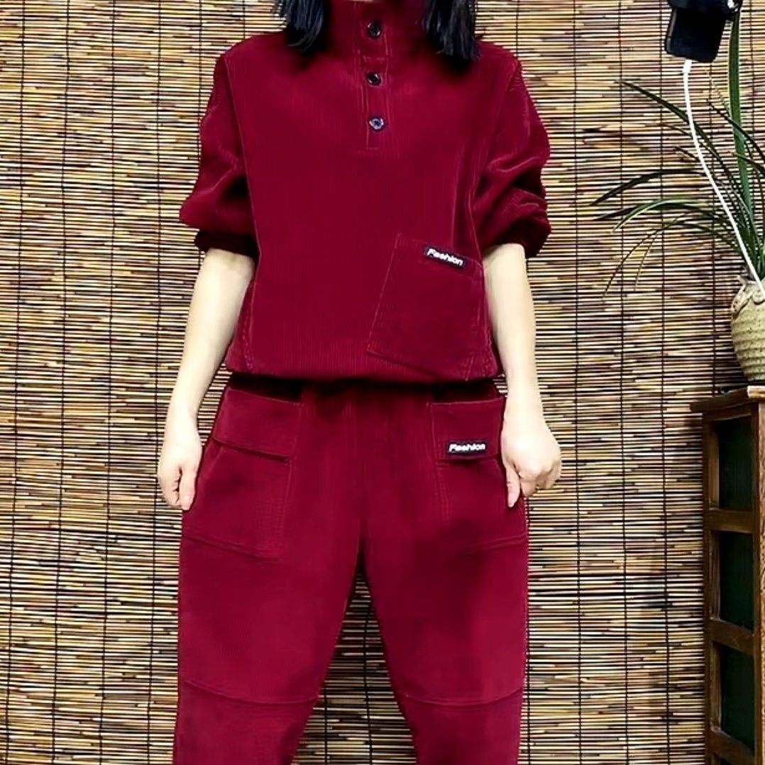 2023秋冬新款套裝時尚上衣純色有領休閒寬鬆顯瘦女洋氣高領燈芯絨