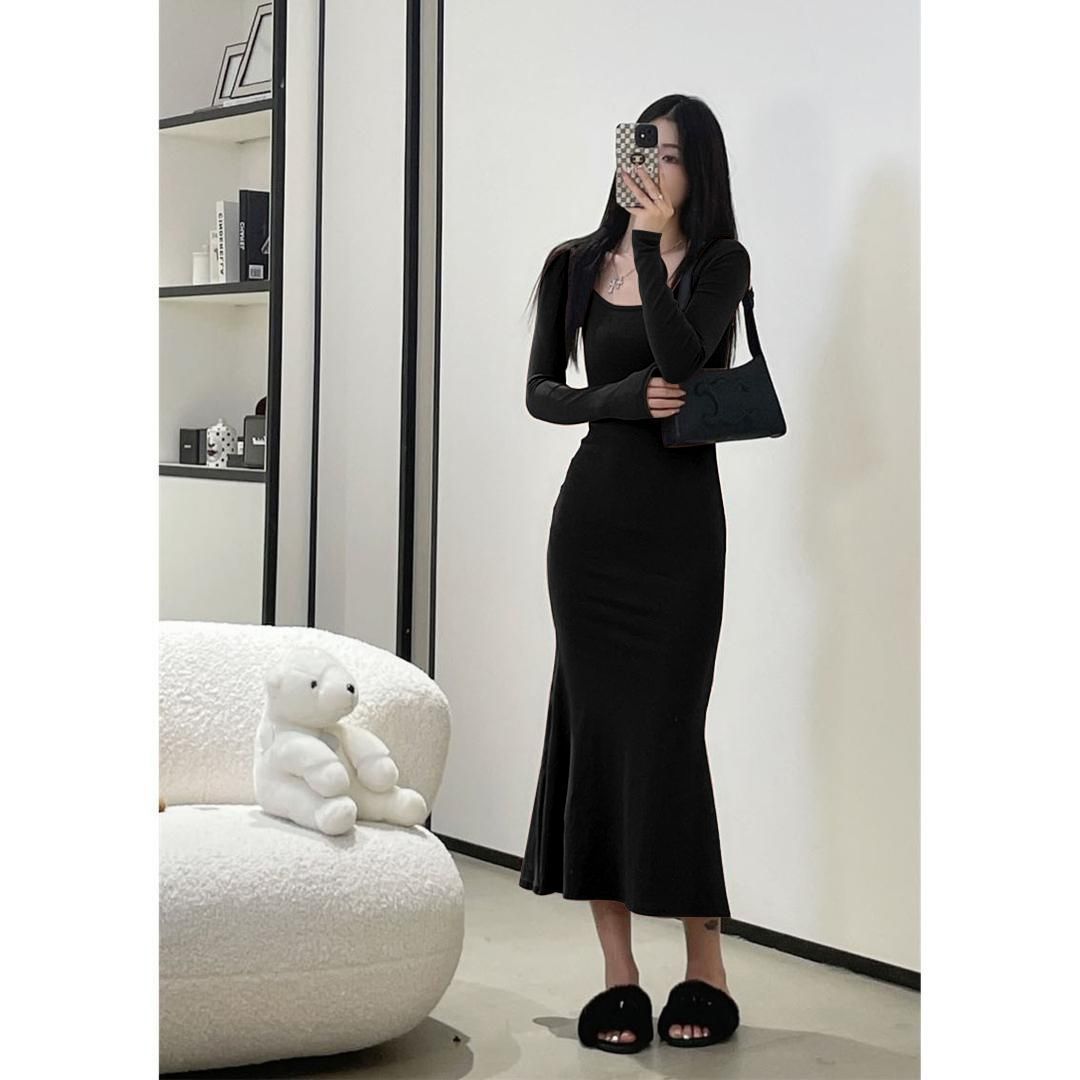 Xiaozi long mermaid skirt spring self-cultivation and thin bottoming dress Korean version of stepmother skirt skirt square collar  new