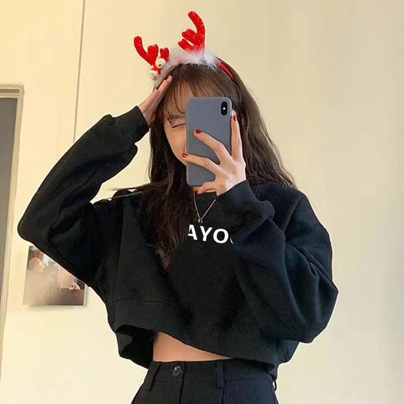 2022新款加絨韓版印花衛衣女裝時尚氣質圓領長袖寬鬆短款百搭上衣