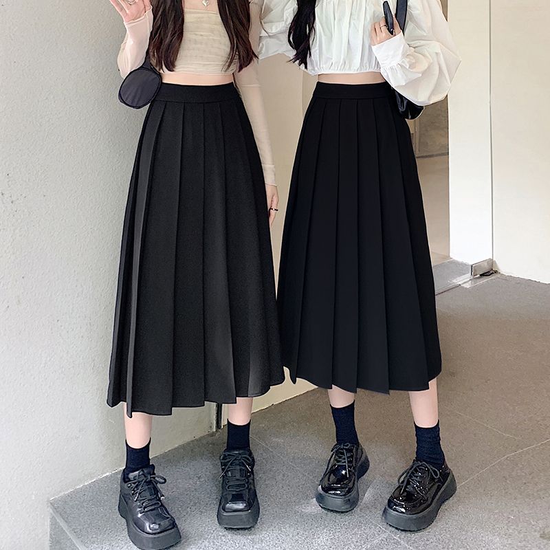 High-waisted skirt for women, spring and autumn new style, Japanese mid-length slim pleated skirt, solid color, versatile, large size, A-line umbrella skirt