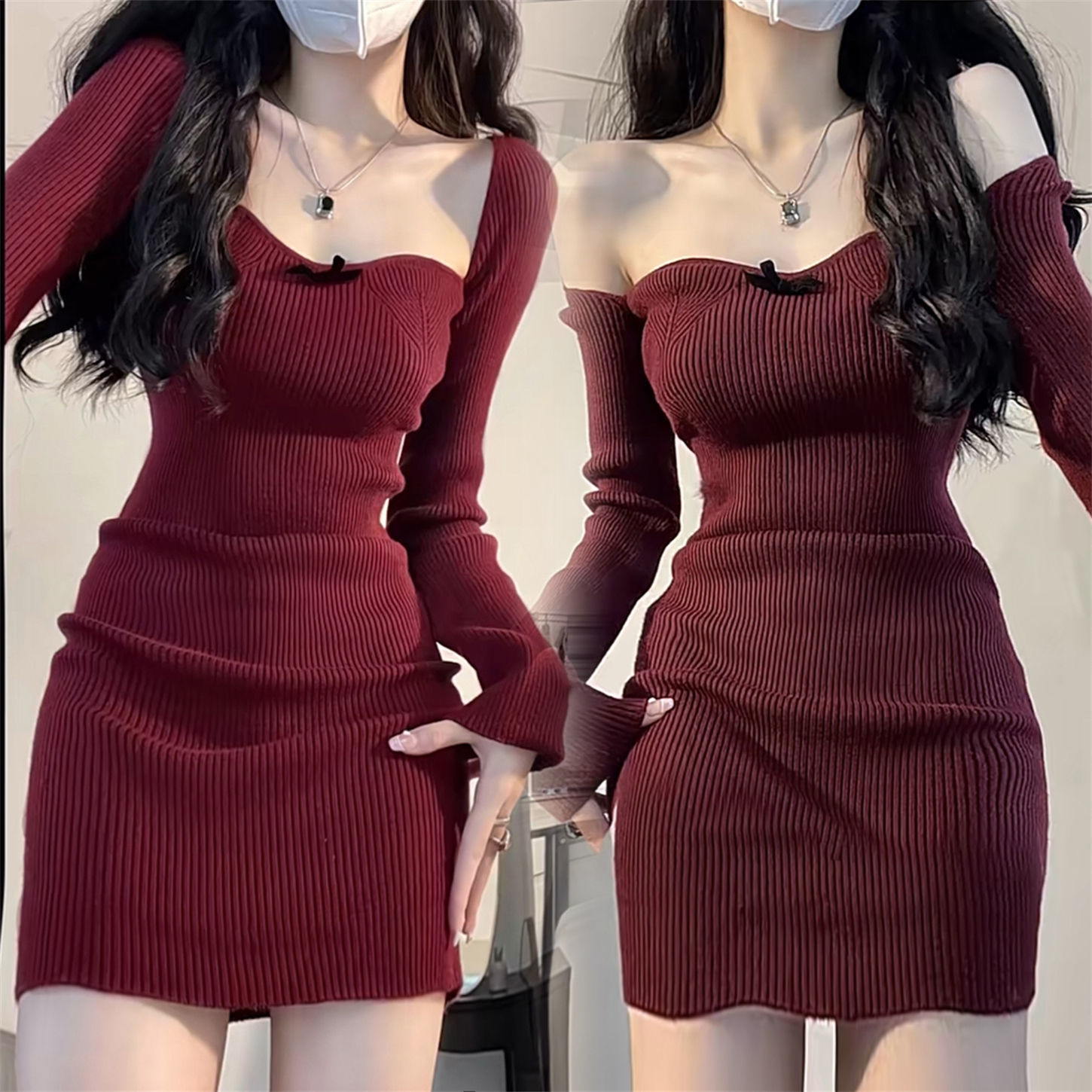 White wine red square collar knitted dress female waist autumn and winter inner bottoming skirt sweater bag hip skirt Christmas dress
