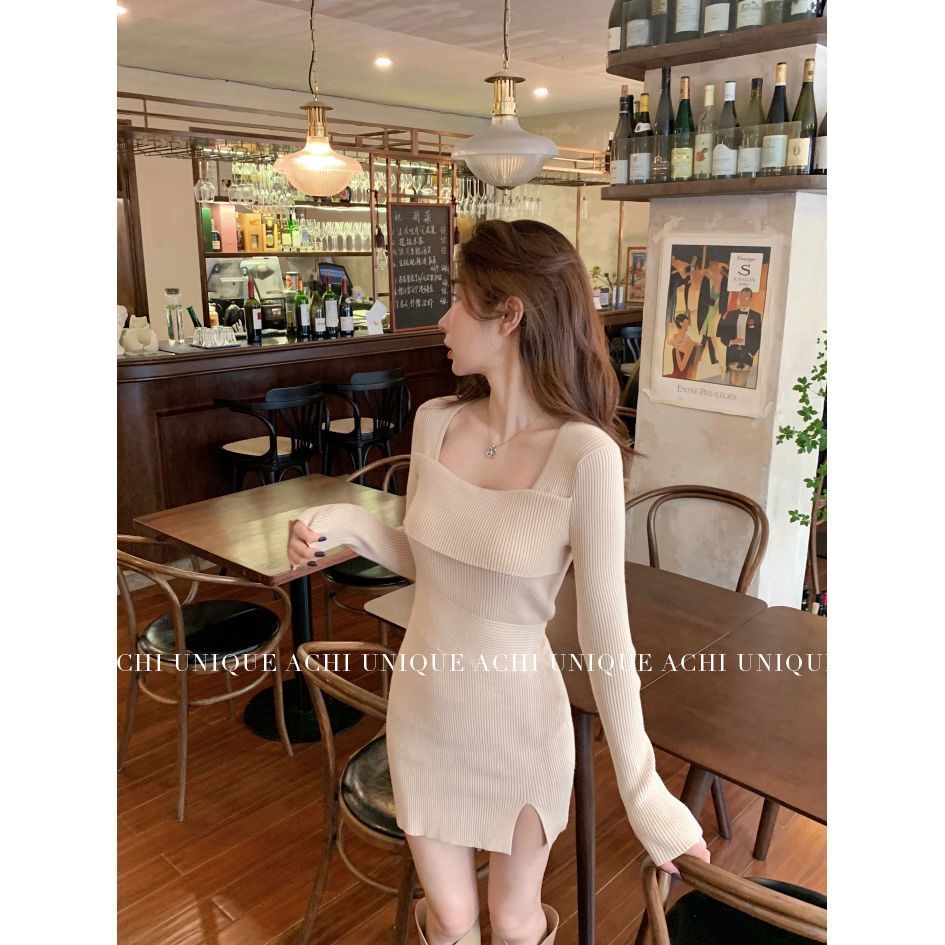 Square collar knitted bottoming dress women's autumn and winter self-cultivation slim and small pure desire hot girl slit bag hip skirt