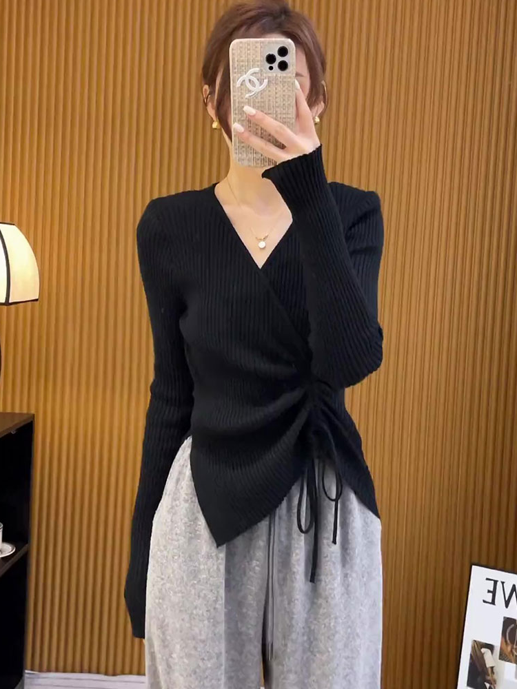 Large size fat mm sweater women's autumn and winter 2022 new bottoming shirt top v-neck drawstring long-sleeved knitted sweater