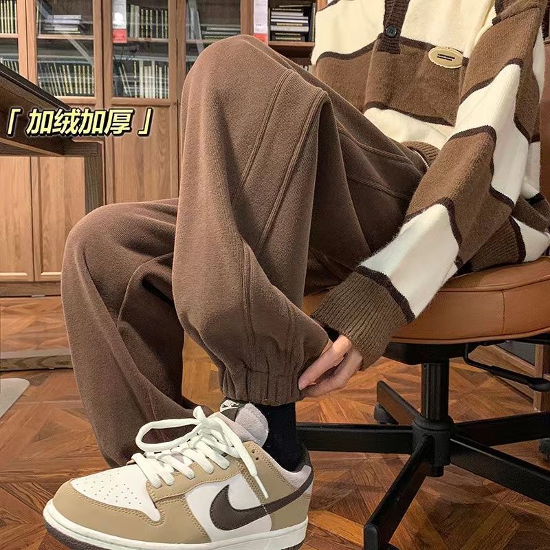 American style guard pants men's autumn and winter plus velvet thickened ins trendy men's loose all-match casual sports pants