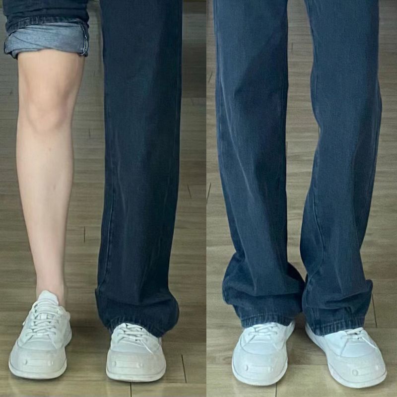 黑灰色直筒高腰牛仔褲女新款大碼胖mm寬鬆顯瘦梨形身材闊腿褲子潮