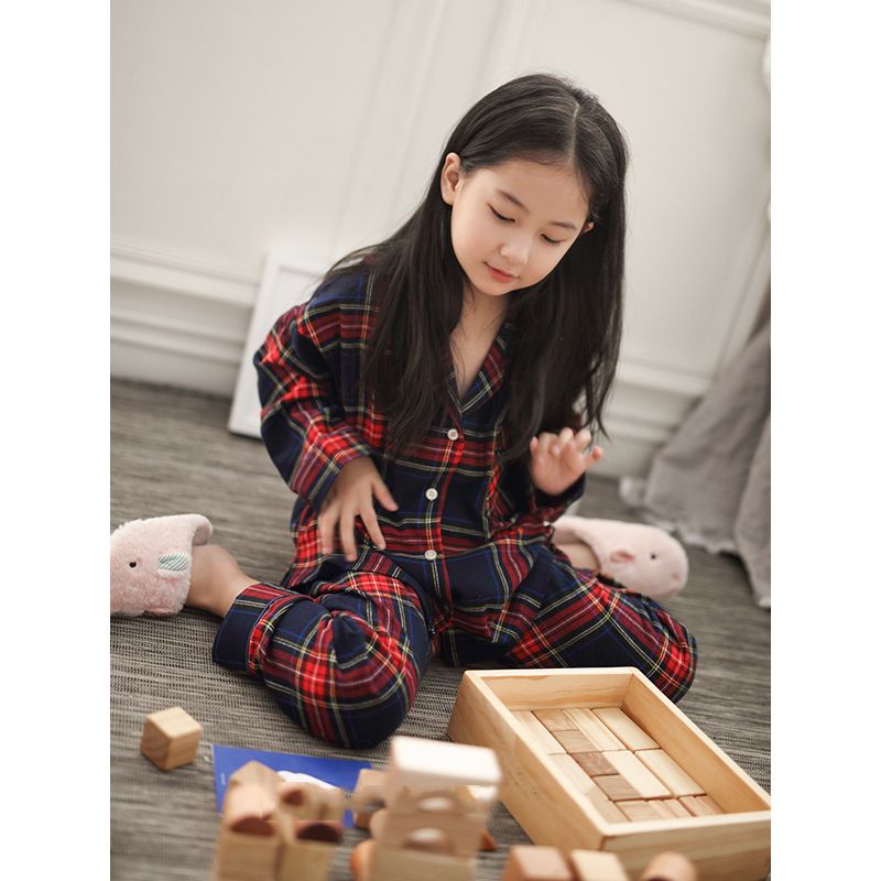 兒童睡衣春秋季新款梭織棉可愛條紋格子開衫親子裝女童家居服套裝