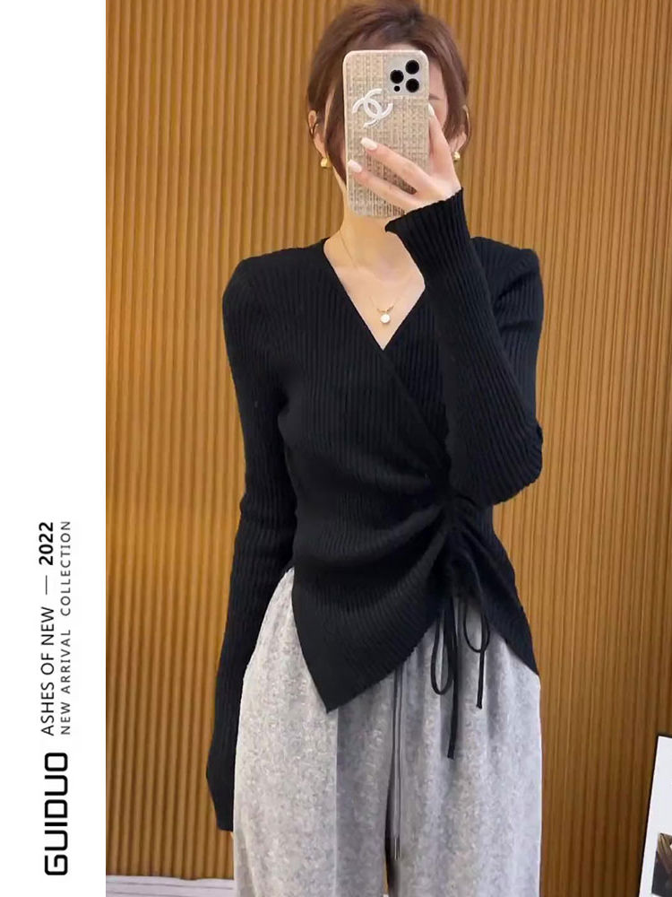 Large size fat mm sweater women's autumn and winter 2022 new bottoming shirt top v-neck drawstring long-sleeved knitted sweater