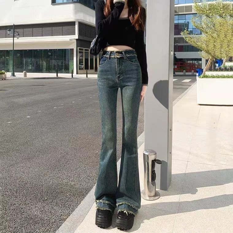 YSYOURS高腰微喇叭牛仔褲女春秋季復古毛邊設計感大碼顯瘦馬蹄褲