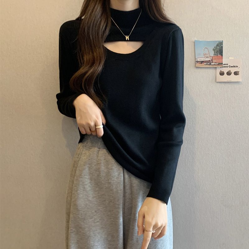 長袖T恤女春秋新款韓系穿搭半高領打底衫小心機鏤空領口寬鬆上衣