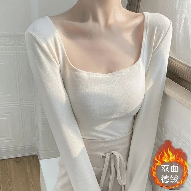 純欲風德絨打底衫女方領露鎖骨加厚保暖上衣性感秋冬長袖修身T恤