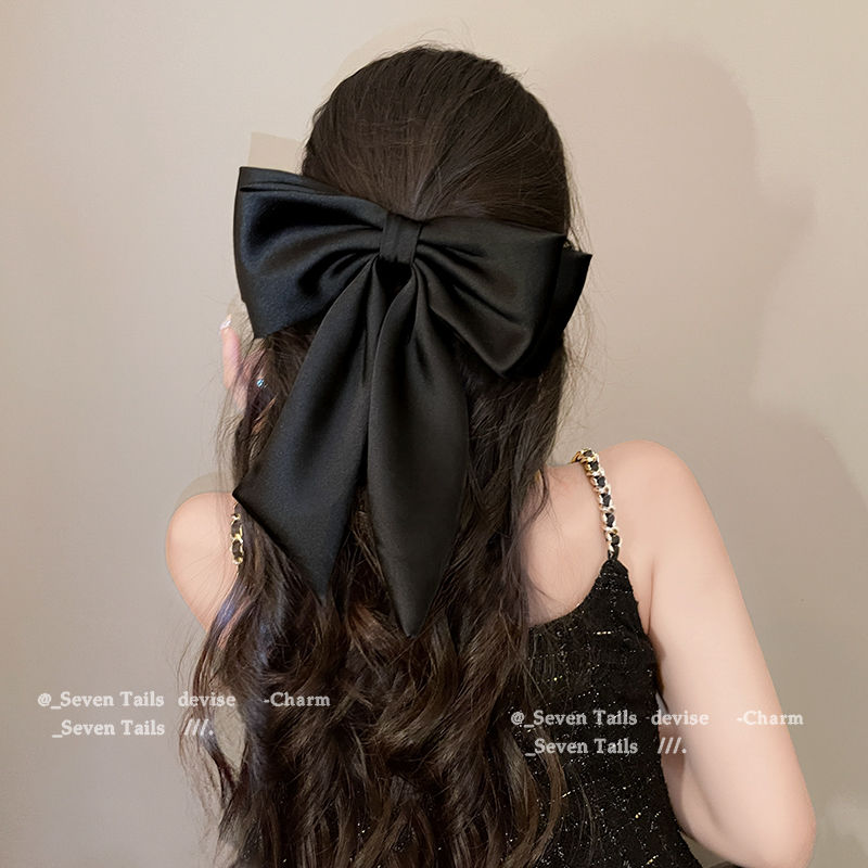 Satin big bow headdress, high-end clip, black back hair clip, Korean hair accessories for women, oversized spring clip