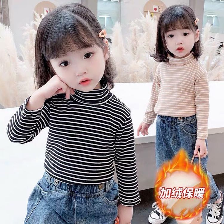 Girls' striped bottoming shirt winter new children's Korean version of the middle collar plus velvet thickened tops for little girls to keep warm long-sleeved