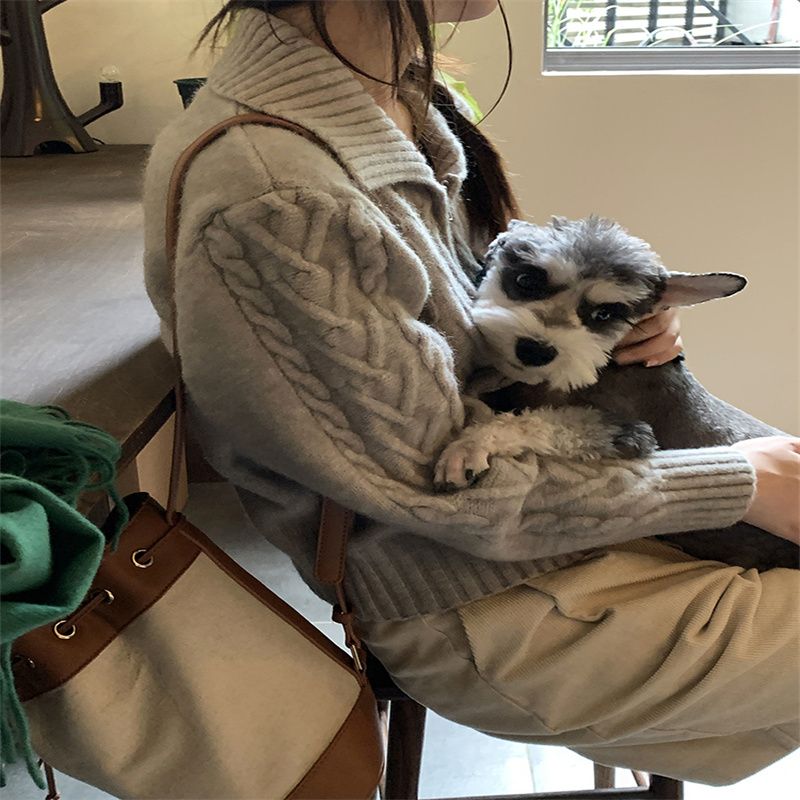 灰色拉鏈麻花毛衣外套女翻領復古針織開衫溫柔短款上衣