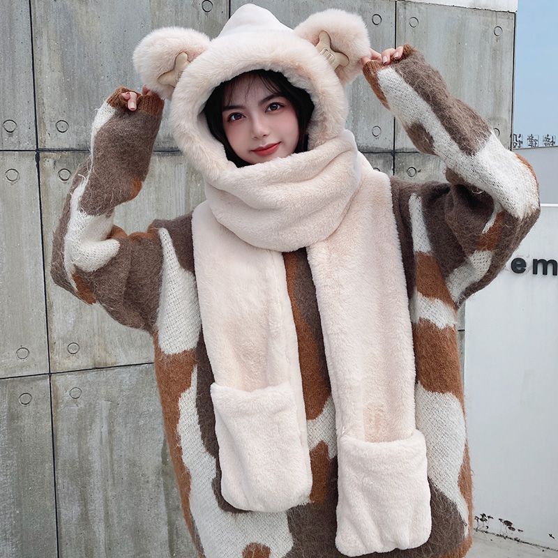 Bear hat and scarf all-in-one women's winter 2022 new warm and cute plus velvet scarf Internet celebrity hooded three-piece set