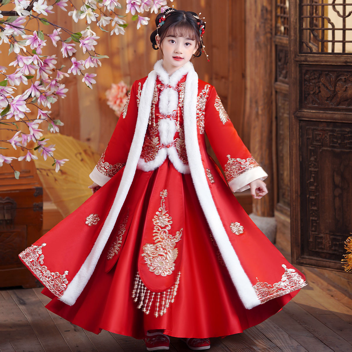 拜年服女童漢服冬季古風兒童紅色新年中國風唐裝女孩喜慶過年衣服