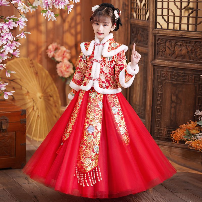 拜年服漢服女童冬款古風兒童古裝加厚過年女孩冬季新年唐裝中國風