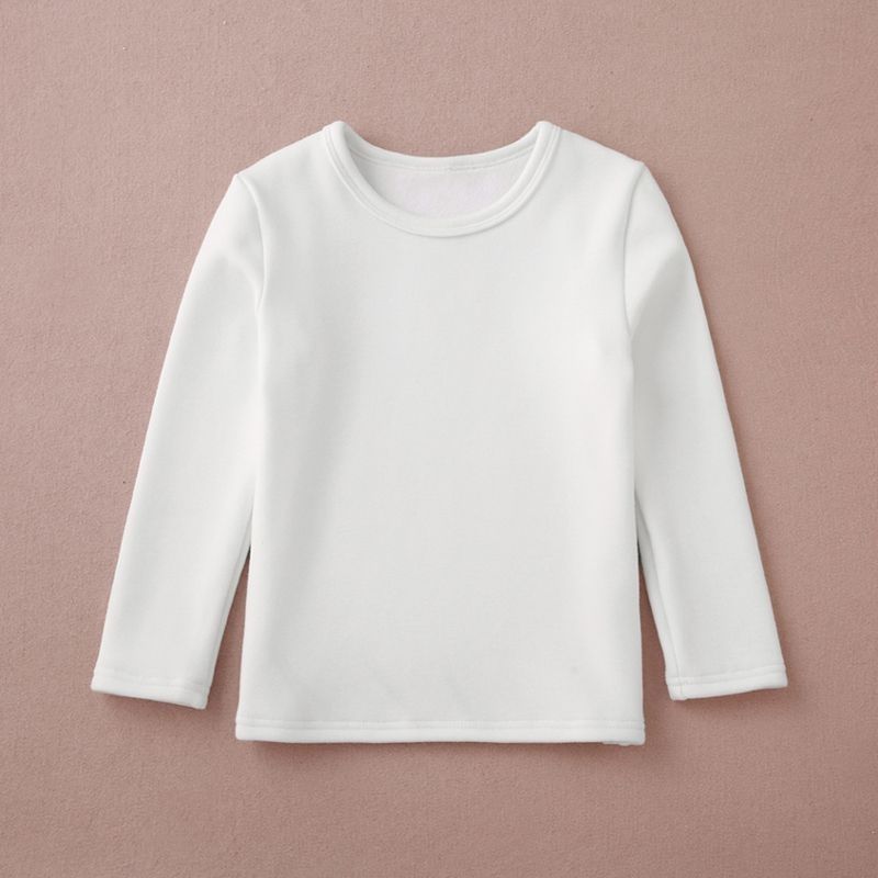 Winter plus velvet thickened round neck long-sleeved bottoming shirt solid color T-shirt all white, small and medium boys and girls white slim