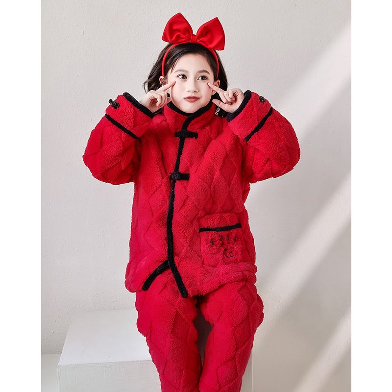 儿童睡衣女童三层夹棉本命年加厚亲子红色过年法兰绒套装拜年服