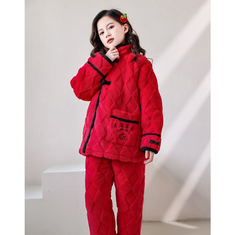 儿童睡衣女童三层夹棉本命年加厚亲子红色过年法兰绒套装拜年服