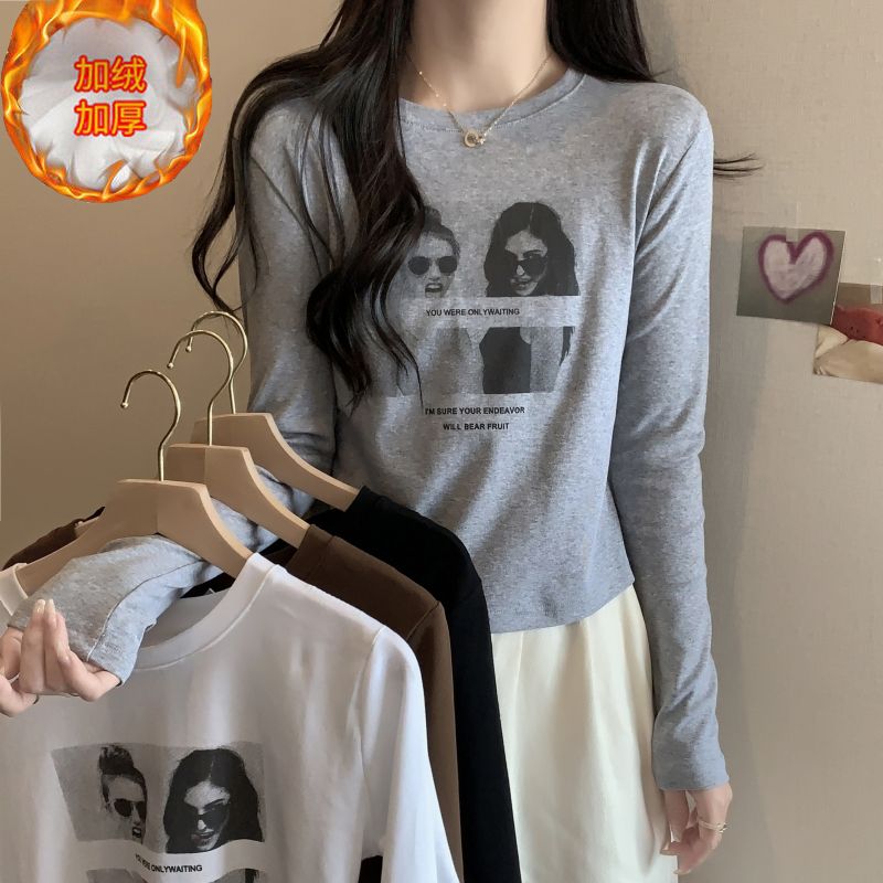 加絨設計感印花長袖T恤女秋冬新款修身顯瘦百搭短款打底衫上衣服