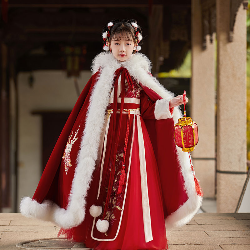 女童漢服冬裝加絨超仙繡花襦裙兒童拜年服加厚套裝中國風唐裝古裝
