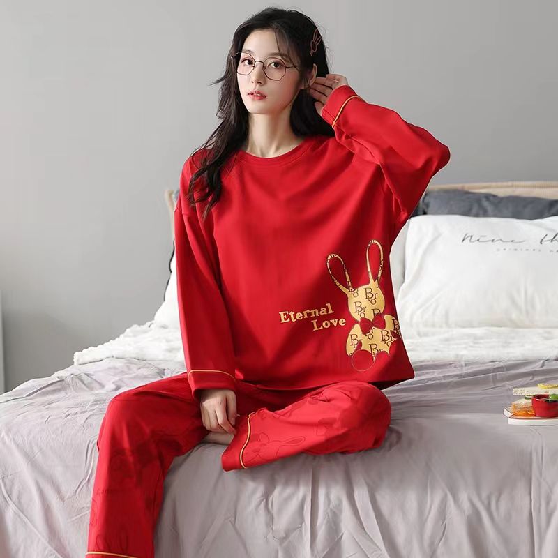100%純棉睡衣女春秋季長袖紅色兔年本命年套頭大碼可愛家居服套裝