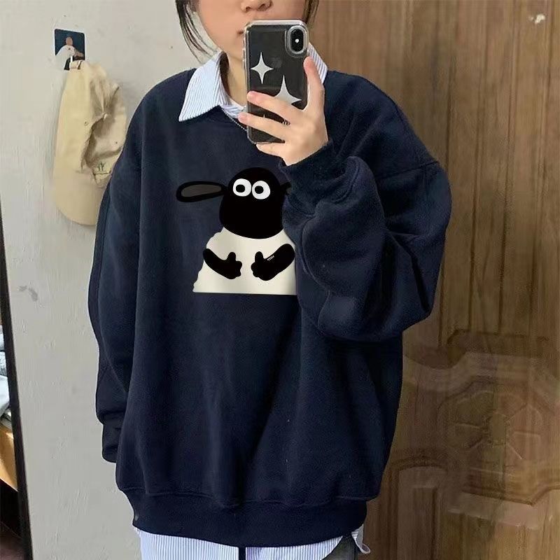 春秋冬季新款加絨加厚圓領衛衣女學生寬鬆卡通國潮牌長袖上衣服薄