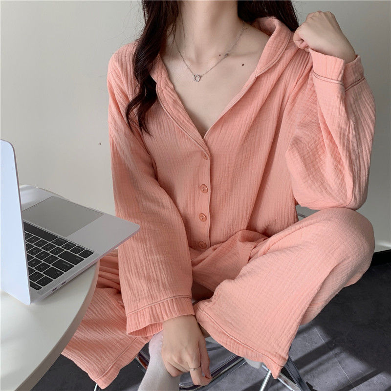The new style of bubble cotton pajamas women's spring and autumn Japanese thin section long-sleeved trousers girl student home service suit summer