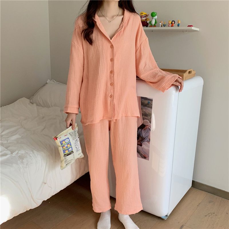 The new style of bubble cotton pajamas women's spring and autumn Japanese thin section long-sleeved trousers girl student home service suit summer