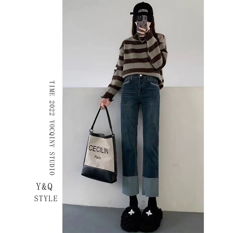 YSYOURS復古拼接高腰直筒牛仔褲女春秋小個子顯瘦大碼九分煙管褲