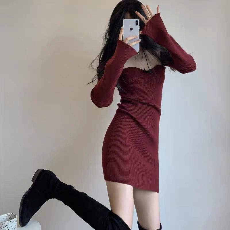 聖誕節酒紅色氛圍感連衣裙2022秋冬名媛純欲宴會聚會日常顯瘦短裙