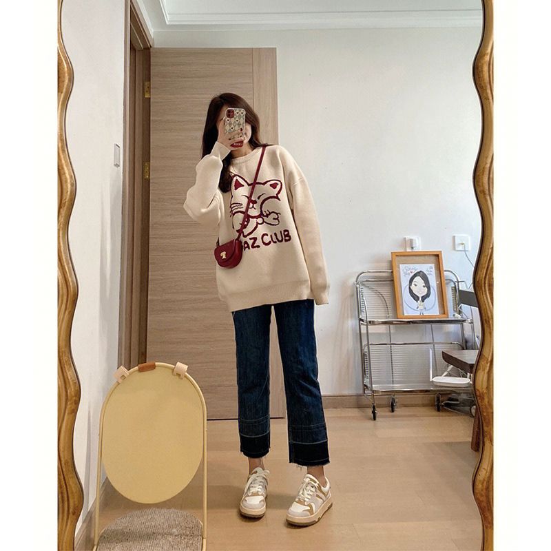 貓咪慵懶風套頭毛衣女秋冬寬鬆設計感小眾加厚圓領外穿打底針織衫