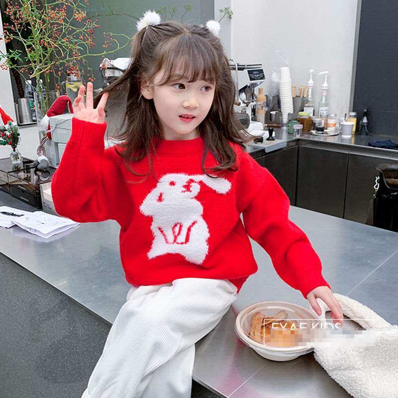 儿童毛衣过年红色兔子毛衣冬款韩版加厚氛围感中小童毛衣宝宝毛衣