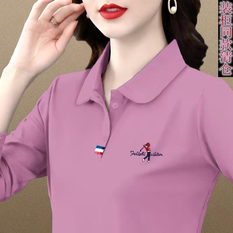 2023春裝新款寬鬆外貿t恤棉衣女士長袖大碼媽媽裝打底polo衫