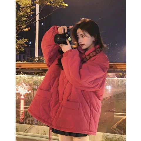 紅色菱格棉衣棉服女冬季2023新款寬鬆韓版加厚棉襖外套oversize潮