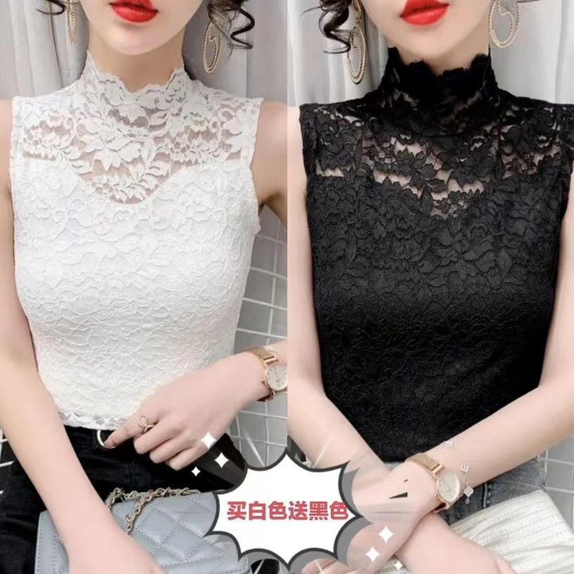 秋冬時尚百搭蕾絲打底衫內搭鏤空蕾絲假領背心女半高領顯女人味