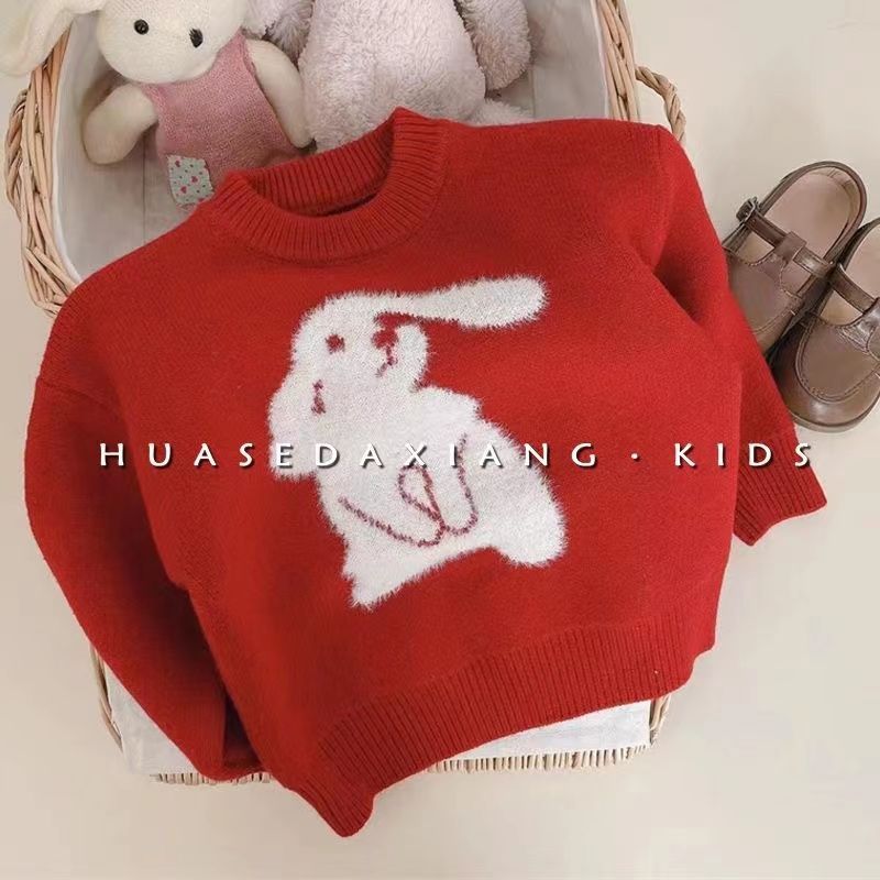 儿童毛衣新年红色兔子毛衣韩版冬款加厚氛围感中小童毛衣宝宝毛衣