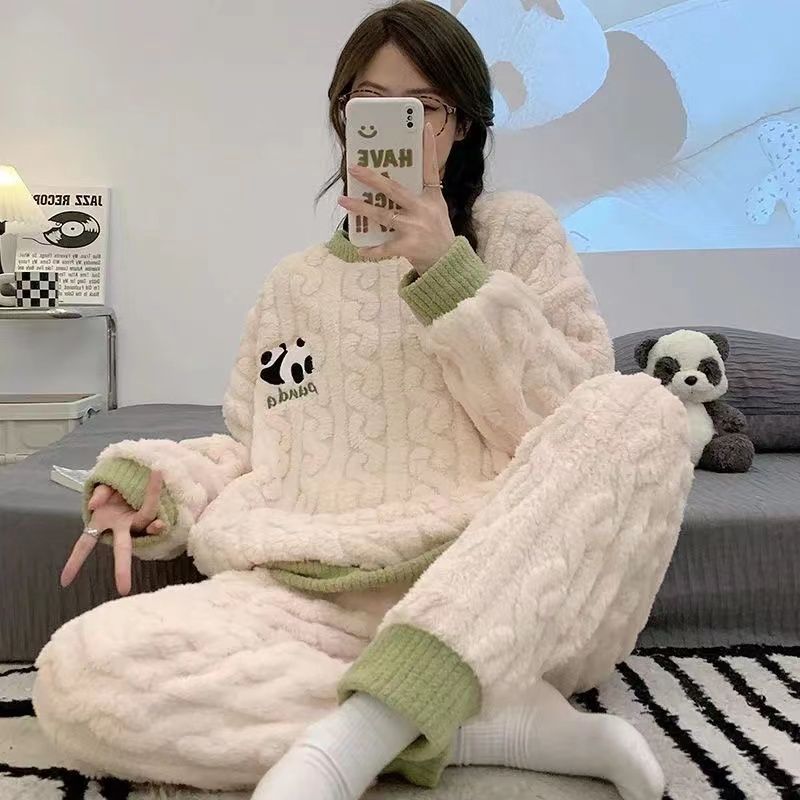 睡衣女秋冬ins可愛法蘭絨卡通甜美學生少女寬鬆珊瑚絨家居服套裝