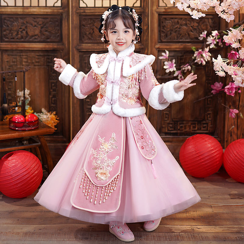 漢服女童連衣裙2022新款兒童裙子加絨冬裙公主裙新年衣服洋氣女孩