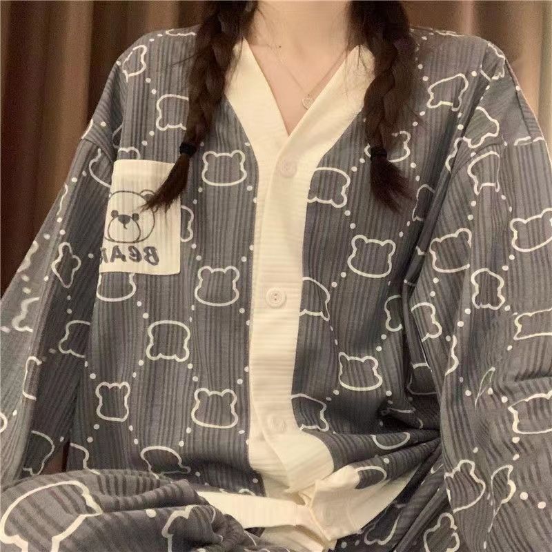 Women's pajamas spring and autumn new ins small fragrance cute cartoon cardigan Japanese thin section Harajuku style home service suit