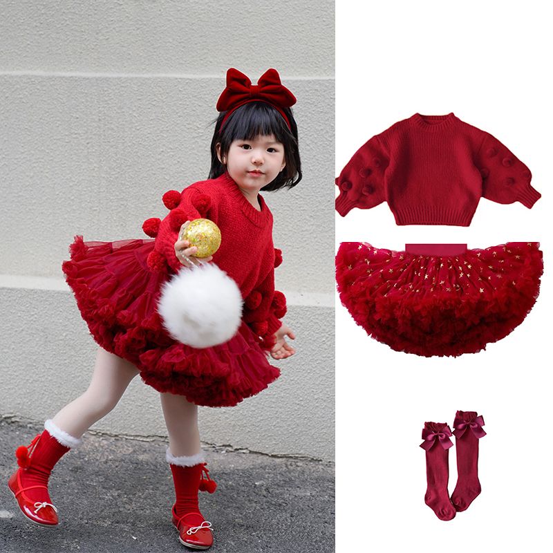 女童秋冬tutu裙套装圣诞新年装红色毛衣半身裙儿童蓬蓬裙子公主裙