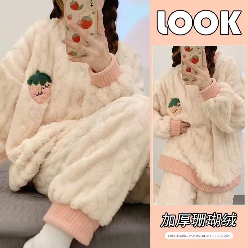 Coral fleece pajamas women's autumn and winter new round neck ins wind thickened flannel warm home service suit winter