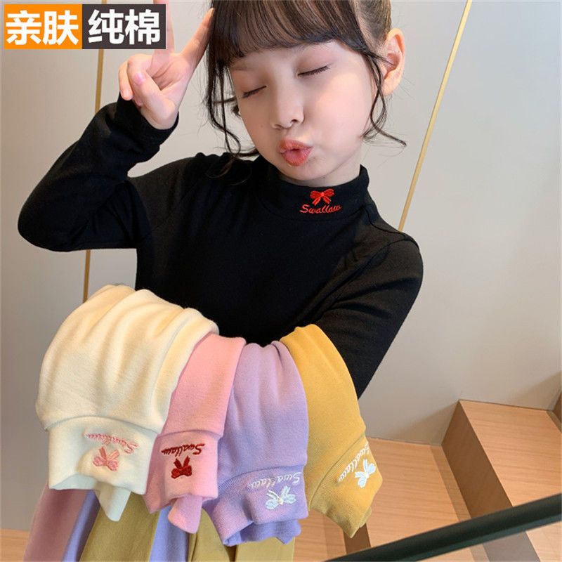 Girls pure cotton bottoming shirt autumn and winter new style children's style long-sleeved T-shirt half turtleneck warm inner top trendy