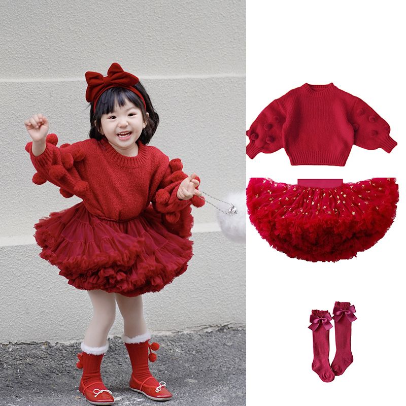 女童秋冬tutu裙套装圣诞新年装红色毛衣半身裙儿童蓬蓬裙子公主裙
