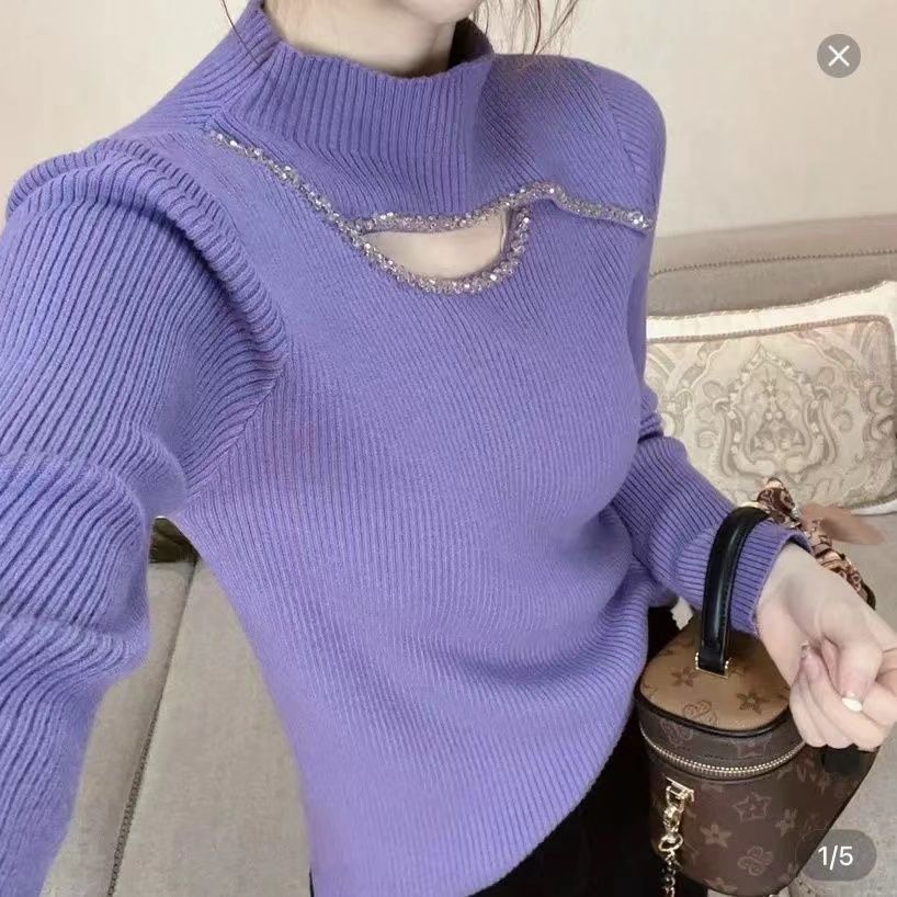 打底衫女新款2022年秋季韓版洋氣時髦氣質重工釘鑽縷空針織衫女