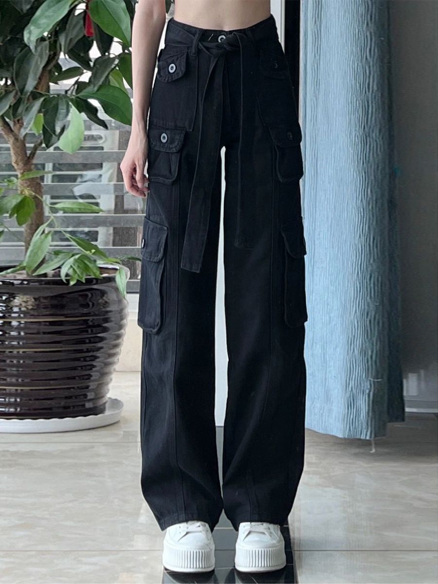 Black multi-pocket design straight cargo pants for women retro high street wide leg slim casual pants trendy ins