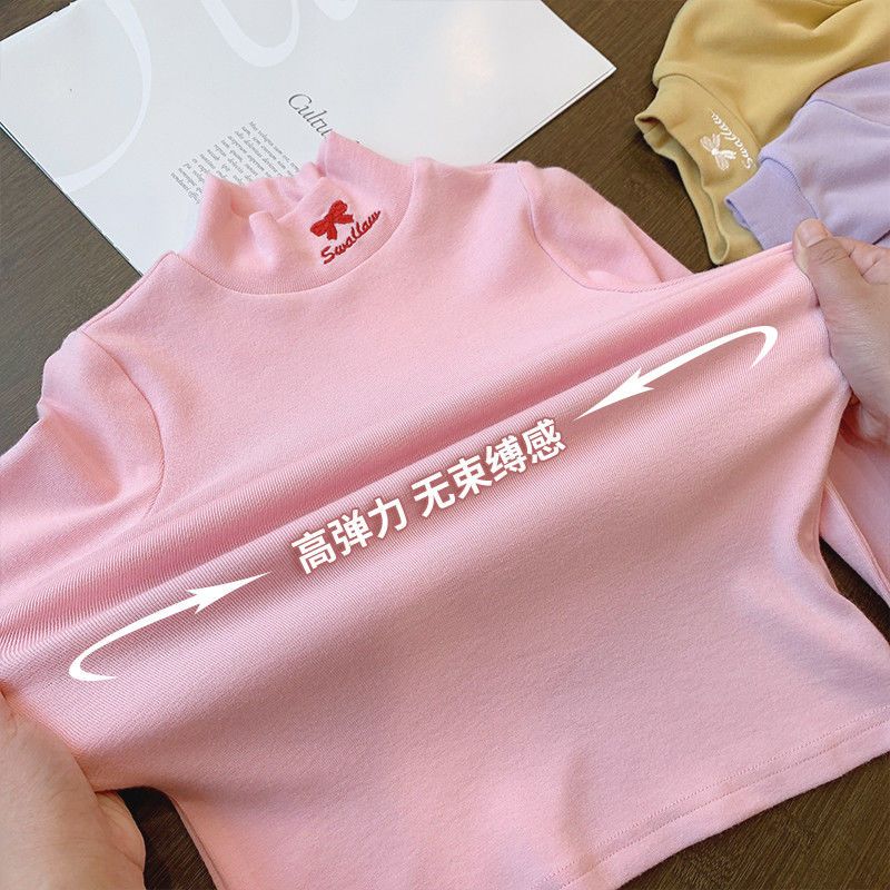Girls pure cotton bottoming shirt autumn and winter new style children's style long-sleeved T-shirt half turtleneck warm inner top trendy