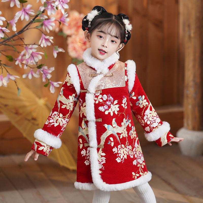 女寶冬季加絨裙子女童拜年服冬款女孩加厚過年旗袍兒童唐裝連衣裙